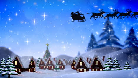 animación de nieve cayendo sobre santa claus en trineo siendo tirado por renos sobre el paisaje de invierno