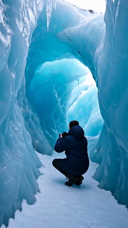 A photographer captures the vibrant blue beauty of an ice cave