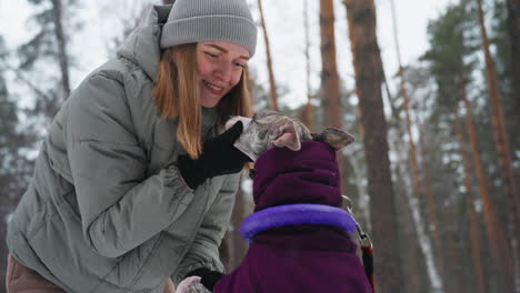 woman in grey puffer jacket wearing knit beanie kneeling in snowy pine forest smiling while gently cupping slender brindle greyhound face in purple coat with leash ready for winter morning walk