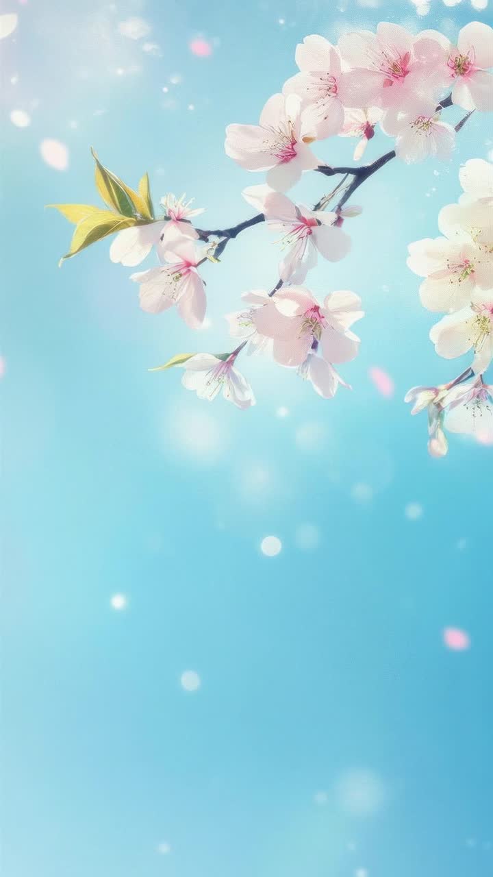 Close-up video of cherry blossoms against a bright blue sky, captured from a low angle