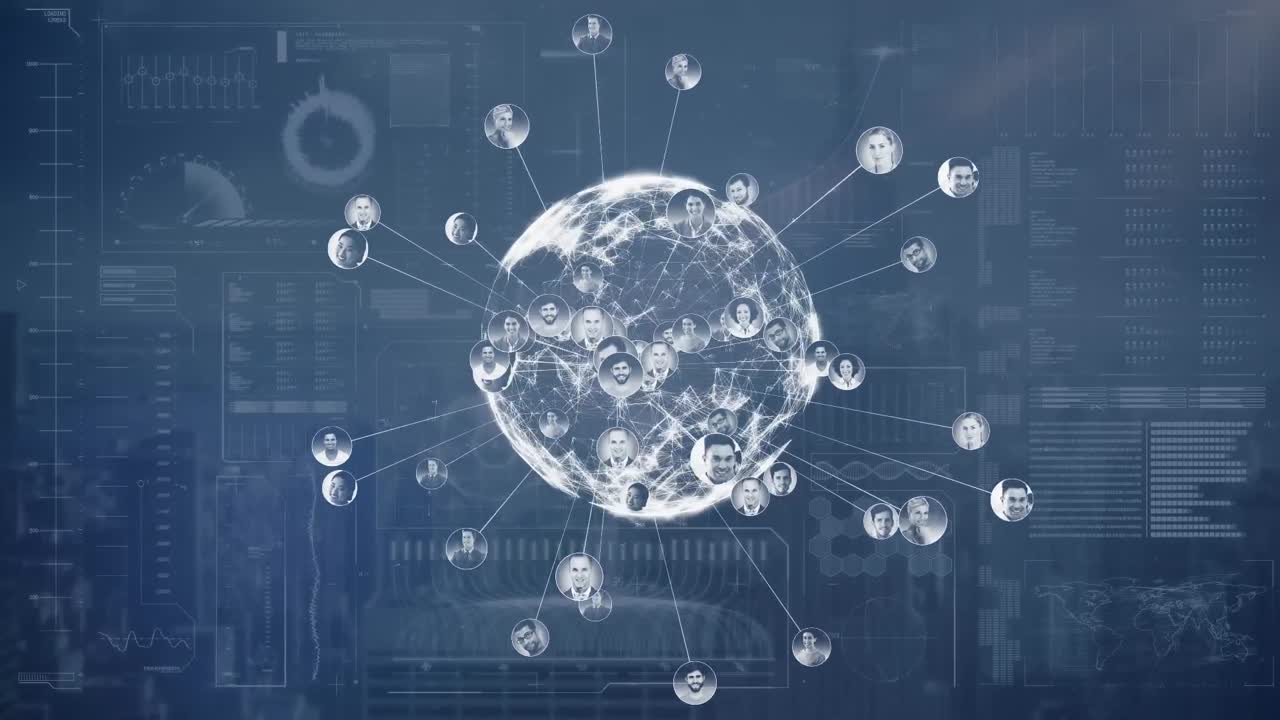 전 세계 프로필 사진의 애니메이션, 로딩 바, 현대 건물의 지도