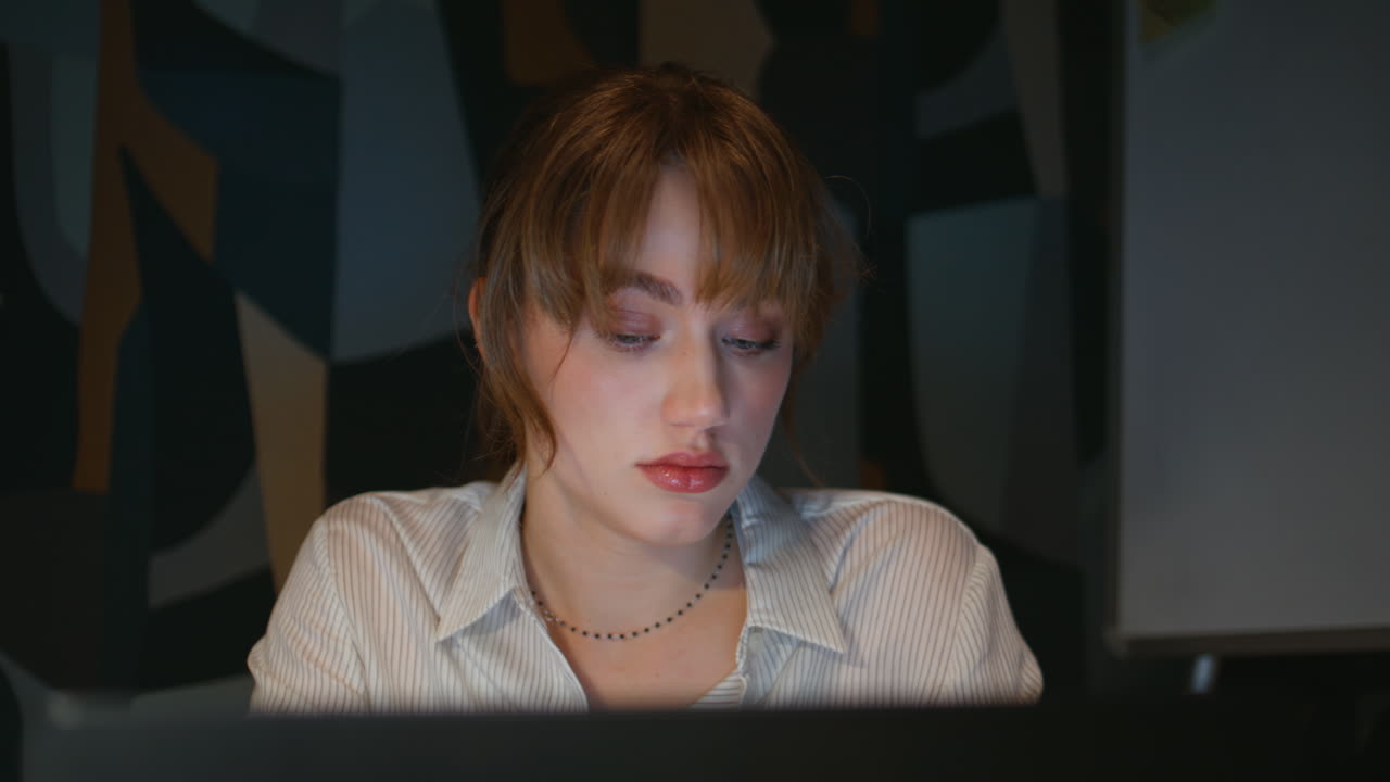 Sleepy businesswoman working night sitting office desk closeup. Tired woman