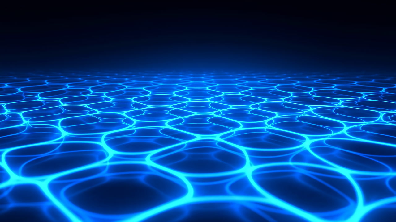 Glowing Blue Grid Floor Extending Toward Dark Horizon, Hexagonal Cells Illuminated, Reflective Neon Surface