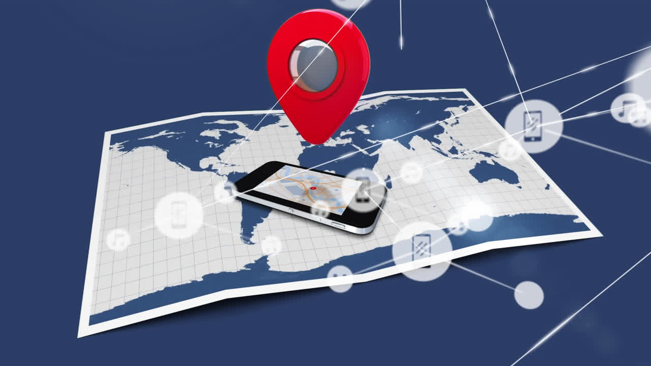 animación de la red de conexiones con iconos de teléfonos inteligentes y música