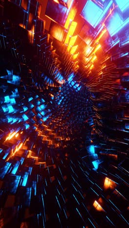 flying through a tunnel of blue and orange metal cubes. vertical looped video