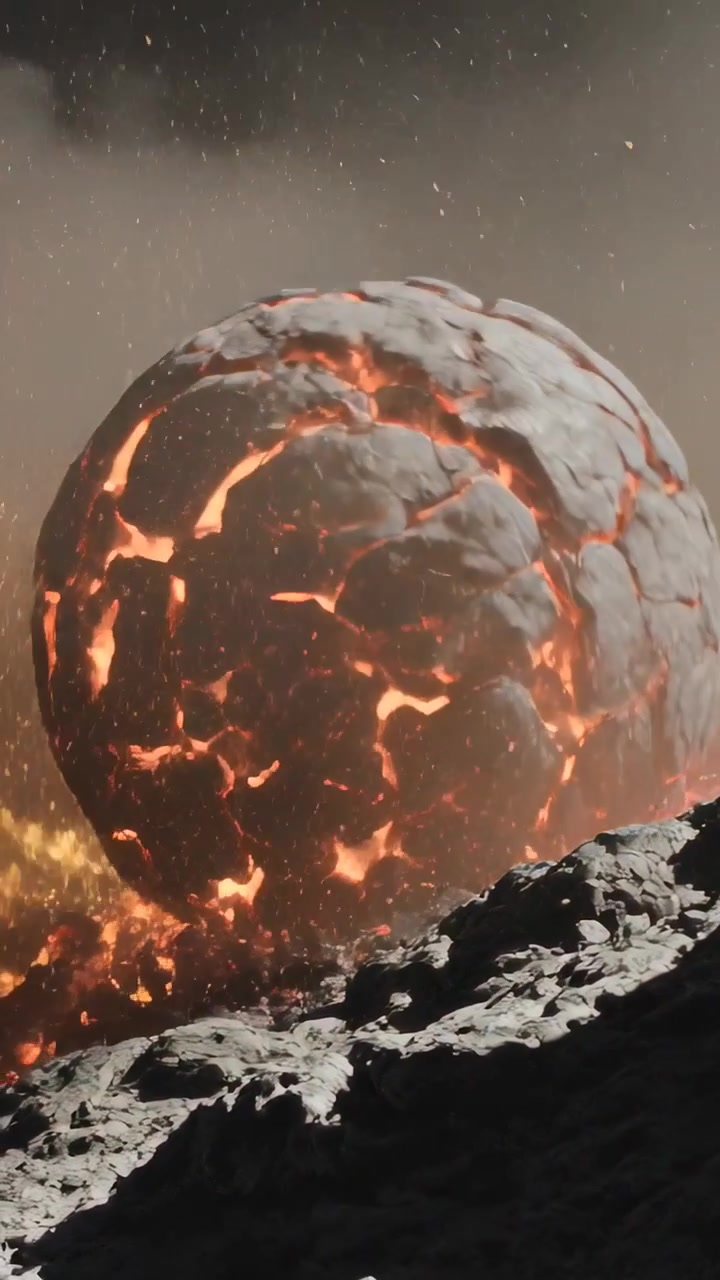 Video verticale: Sfera fusa che si avvicina e si scontra con una pianura craterizzata, eruttando fuoco e cenere