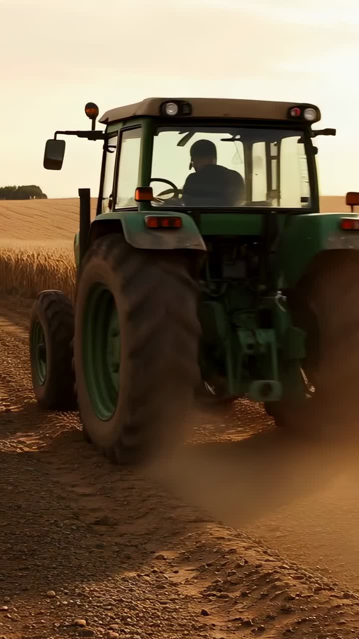 Vídeo vertical: trator verde entrando em cena, movendo-se ao longo do caminho pelo trigo, levantando poeira para cuidar da plantação