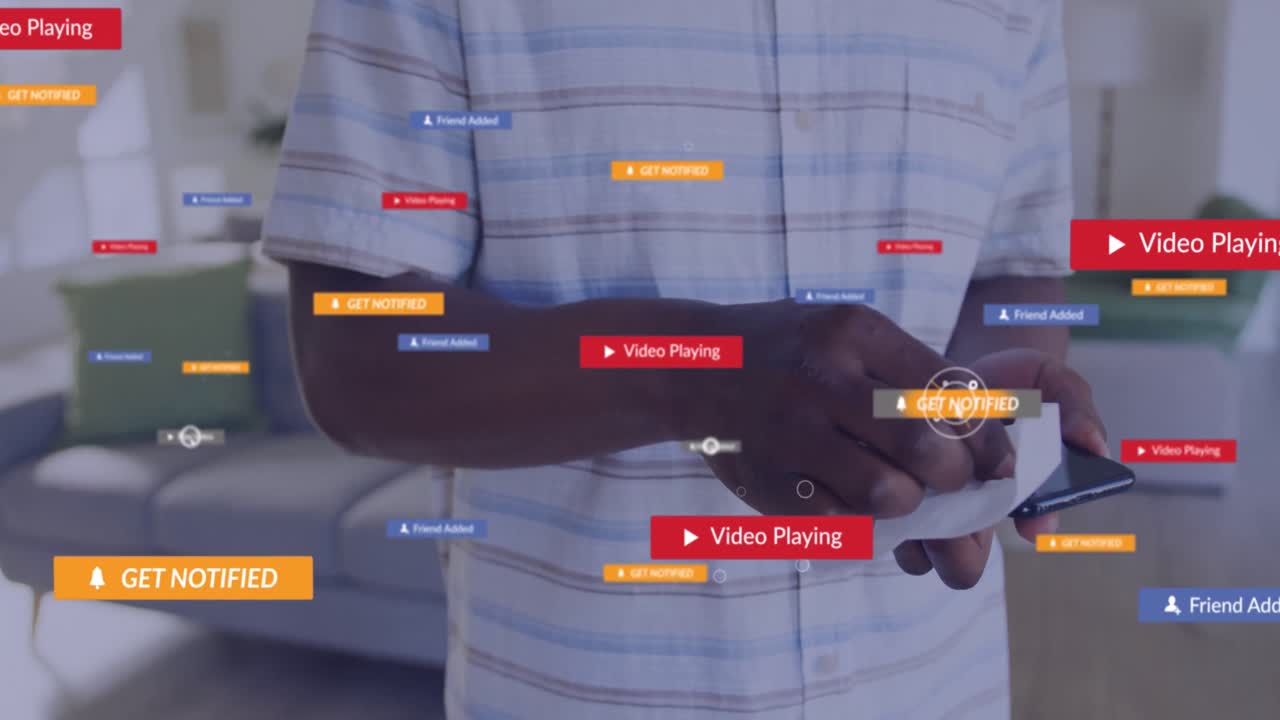 Animation of social media icons with texts over african american man cleaning smartphone