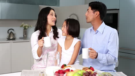 happy family standing in kitchen