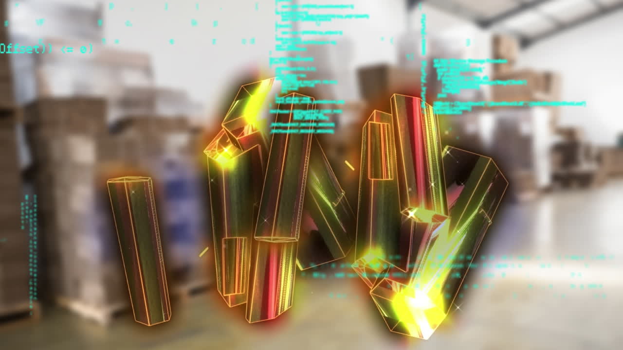 animación de bloques verdes brillantes con nubes e iconos digitales