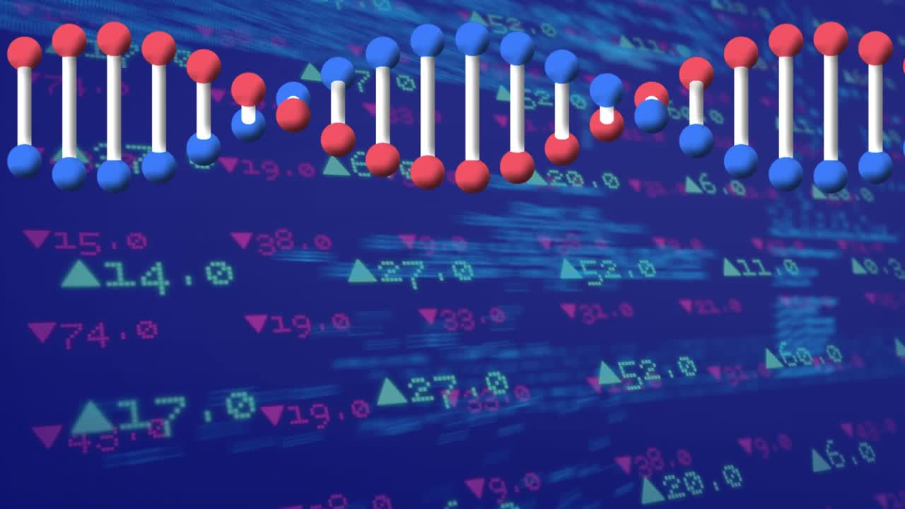 Animazione di un filamento di DNA che ruota su un'animazione digitale