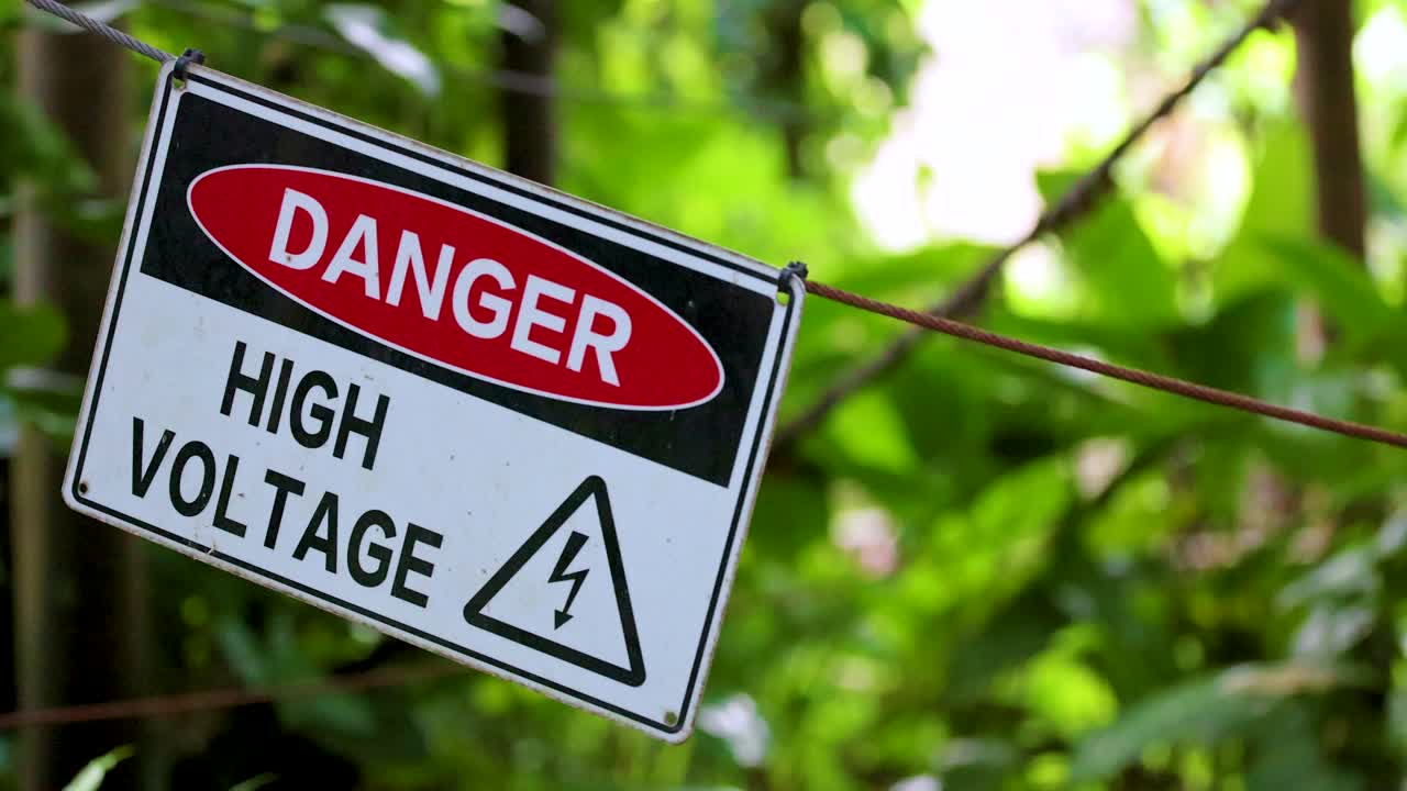 A metal danger high voltage warning sign swings gently on a wire fence amid lush green foliage, captured with natural daylight and slight camera movement