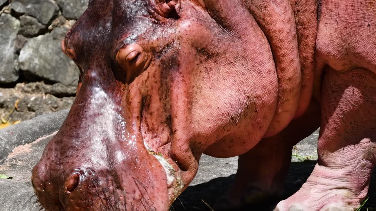 A detailed view of a hippo's face as it chews, set against a stone wall backdrop.