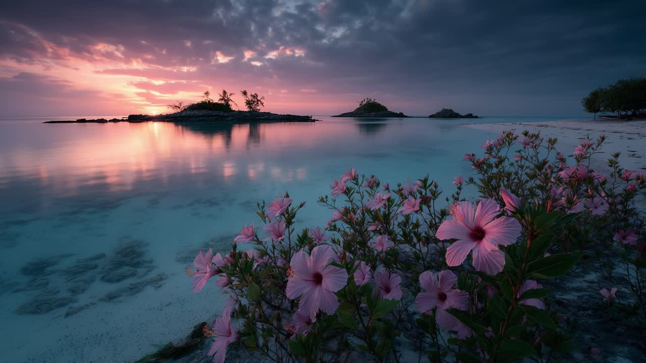 A Stunning Tropical Sunset Over Serene Waters and Vibrant Hibiscus Flowers, Capturing the Beauty of Nature's Tranquility and Colorful Skies at Dusk