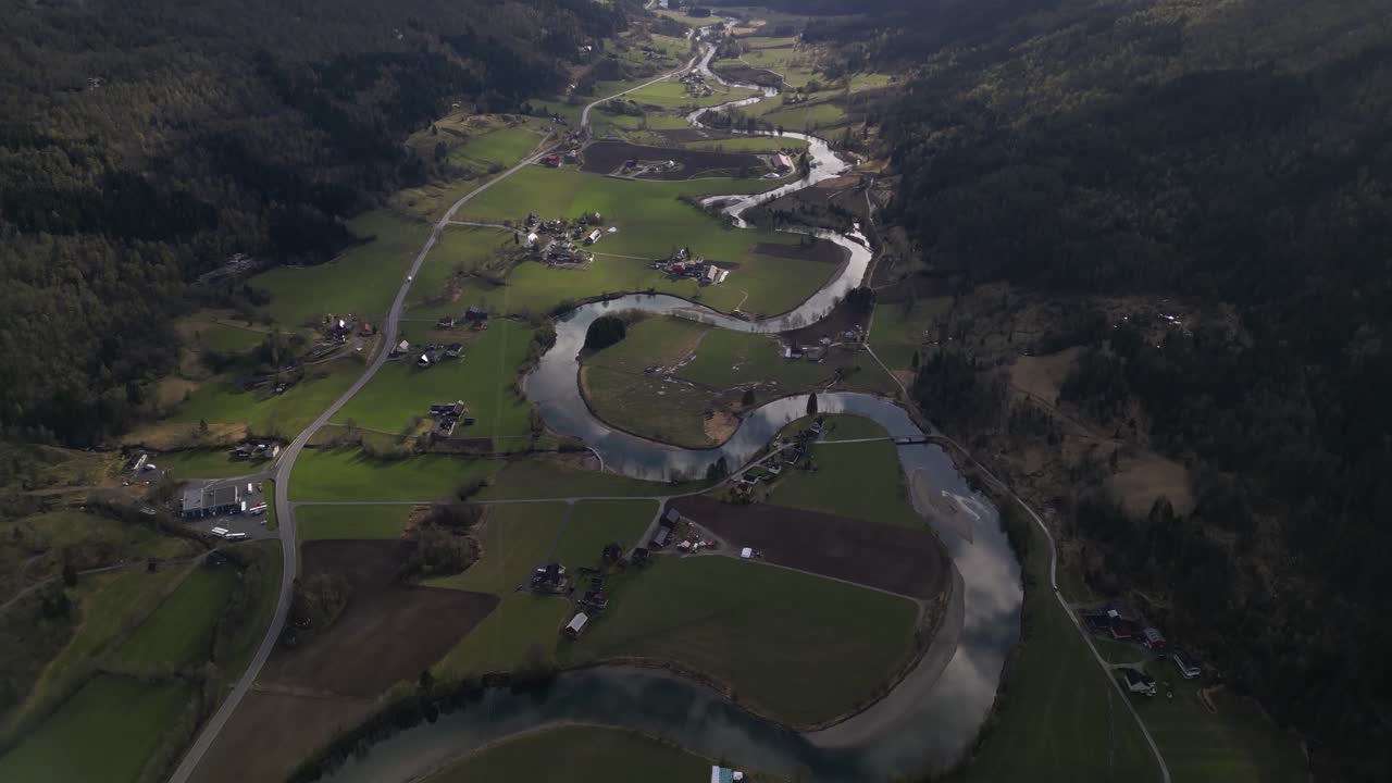 Aerial View of a Serene River Valley in Norway