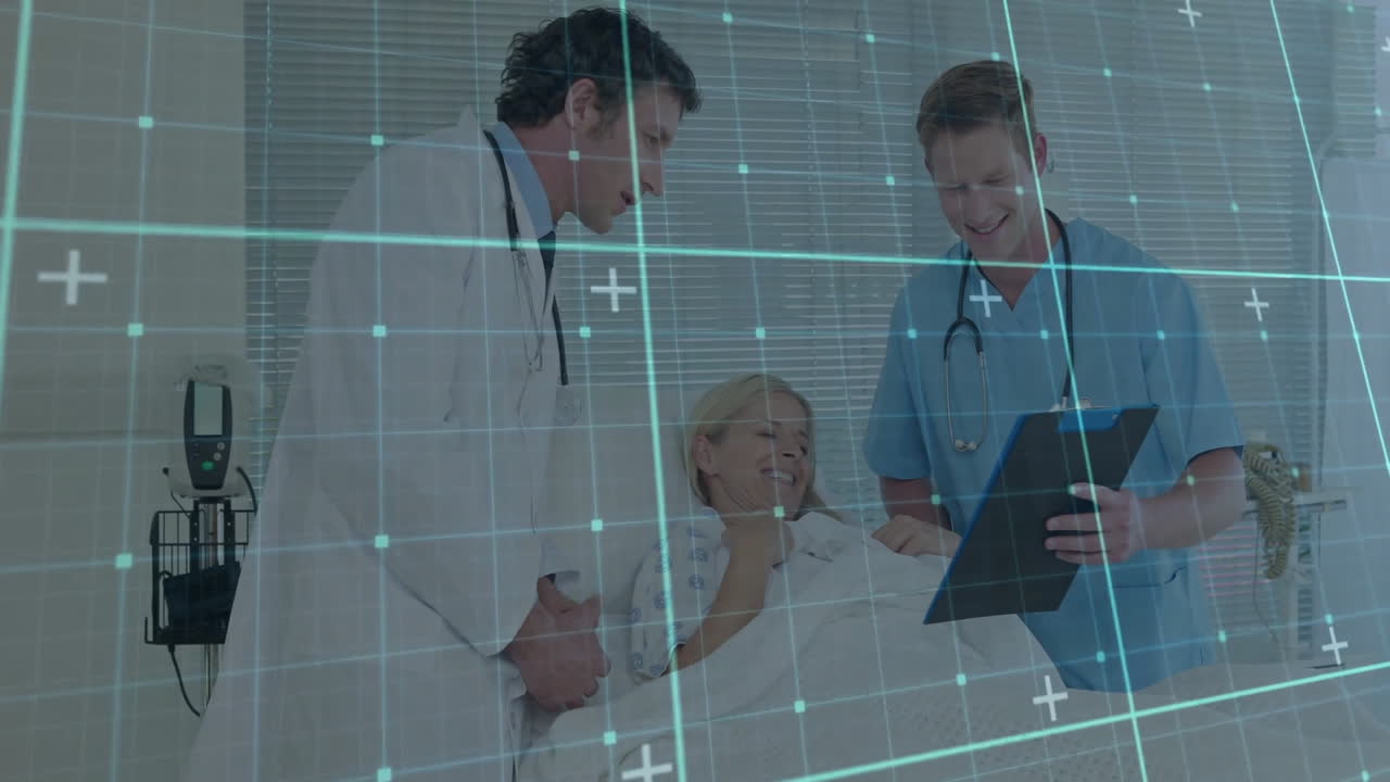 female patient lying on hospital bed beside doctors reviewing notes, showing animated health chart