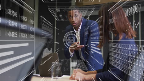 business meeting with data visualization animation over diverse professionals in office