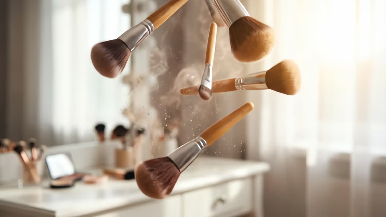Makeup Brushes Falling with Cosmetic Powder Dispersing on Vanity Table