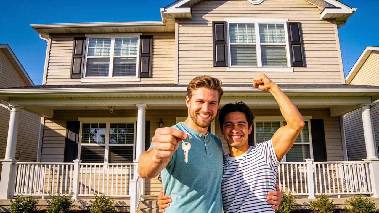 Sosteniendo una llave de casa de metal hacia la cámara, hombres posando y flexionando en el porche, celebrando un nuevo hogar.