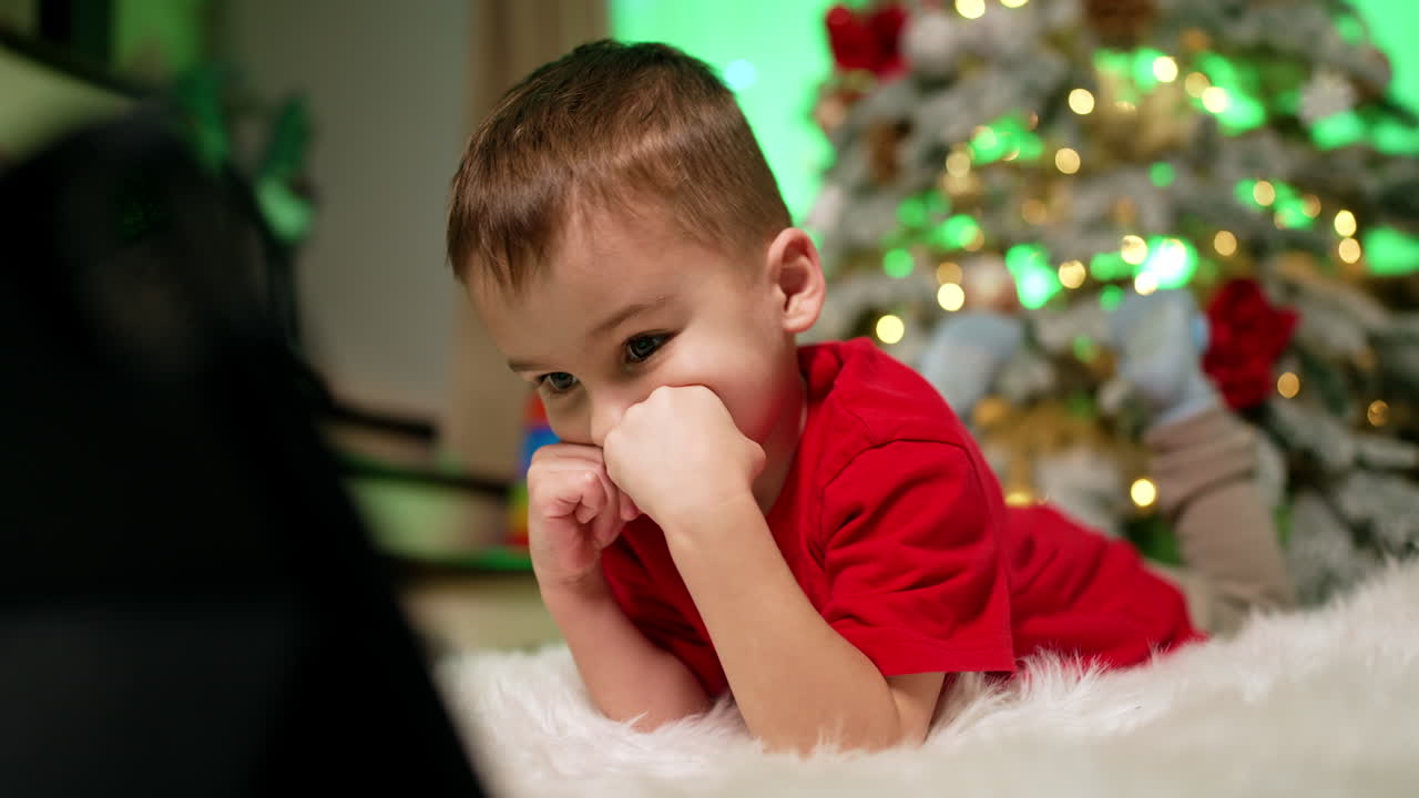 Cute Caucasian kid in red T-shirt lies on the floor looking at tablet. Focused baby watching cartoon.