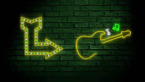 signo de neón que muestra una flecha y una guitarra