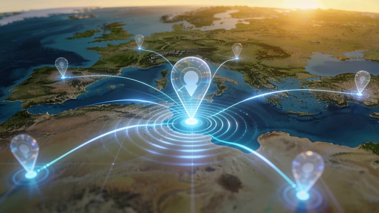 Appearing central glowing pin emitting ripples and connecting satellite pins Mediterranean globe