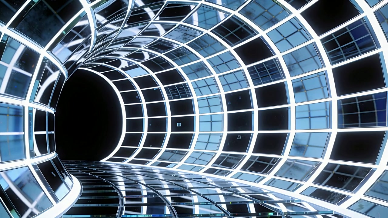 Cámara avanzando revelando un túnel de cristal curvo en un pasillo futurista con rejilla LED, profundizando la vista