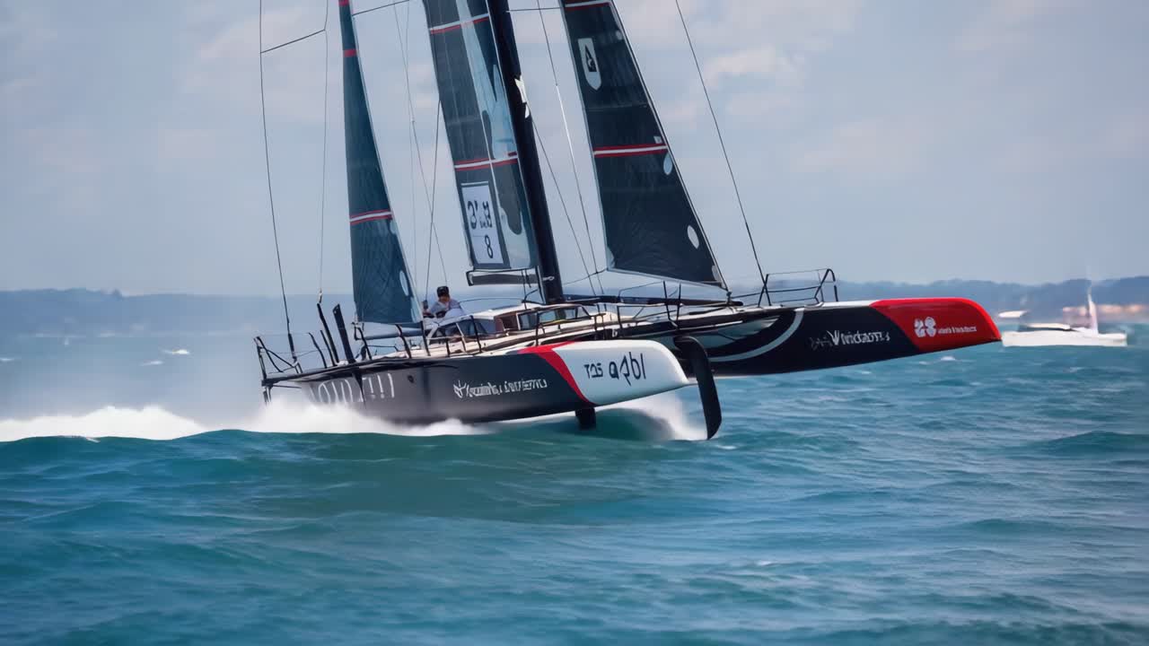 A high-speed racing trimaran navigating through choppy waves