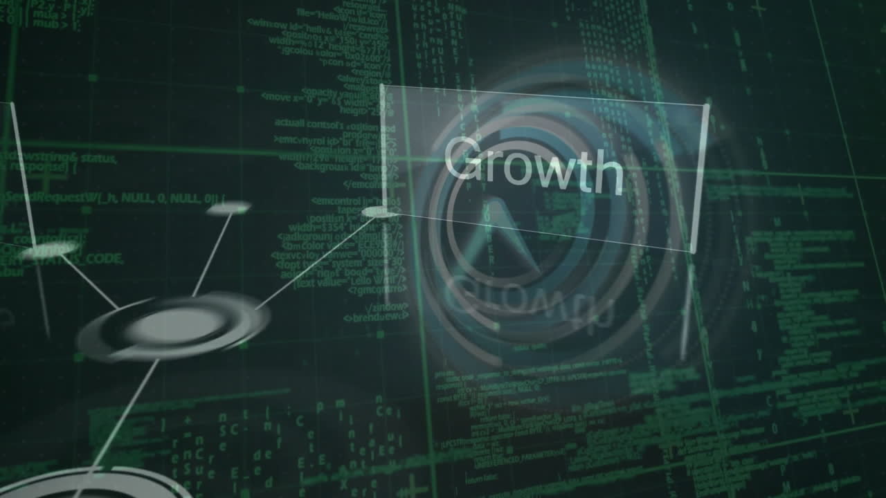 Business and growth text with digital network and data processing animation