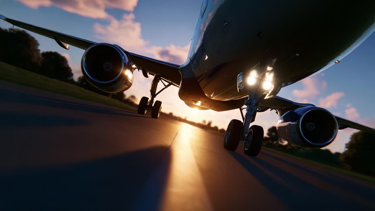 An aircraft prepares for takeoff as the sun sets in the background, showcasing its powerful engines, landing gear, and the beautiful scenery around the runway that highlights the beauty of flying