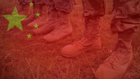 animation of flag of china over midsection of soldiers