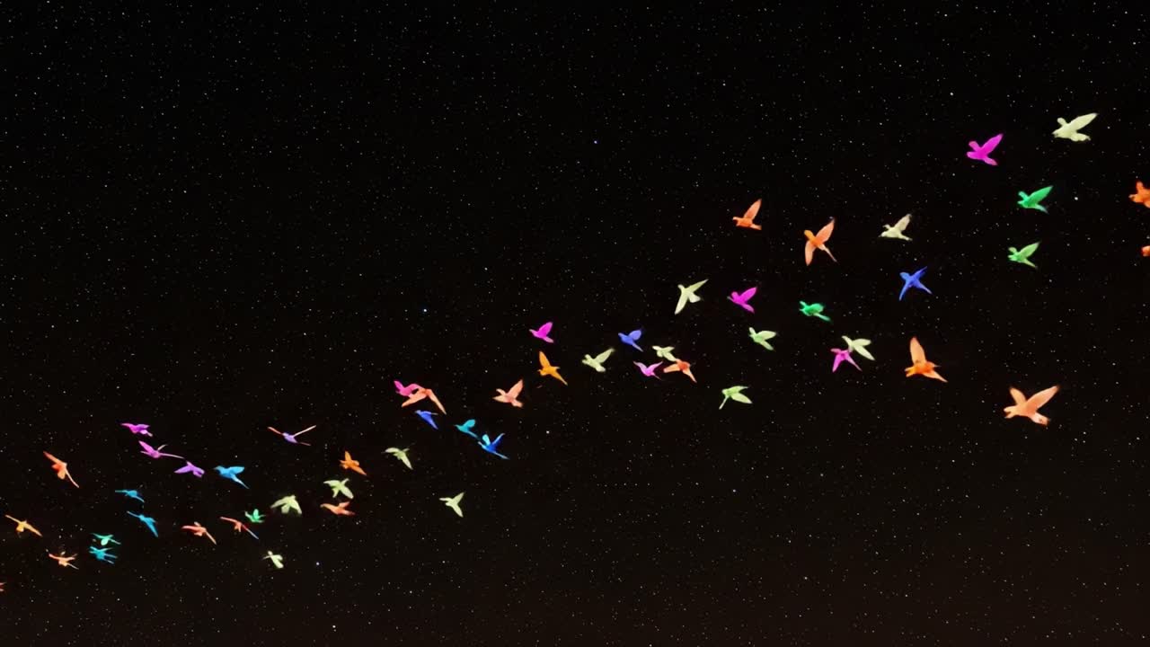A Captivating Display of Colorful Paper Birds Taking Flight Against a Starry Night Sky, Creating a Mesmerizing and Dreamlike Scene That Evokes Wonder and Imagination