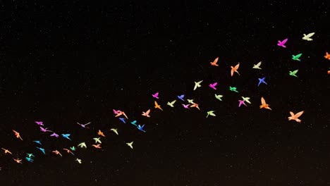 a captivating display of colorful paper birds taking flight against a starry night sky, creating a mesmerizing and dreamlike scene that evokes wonder and imagination