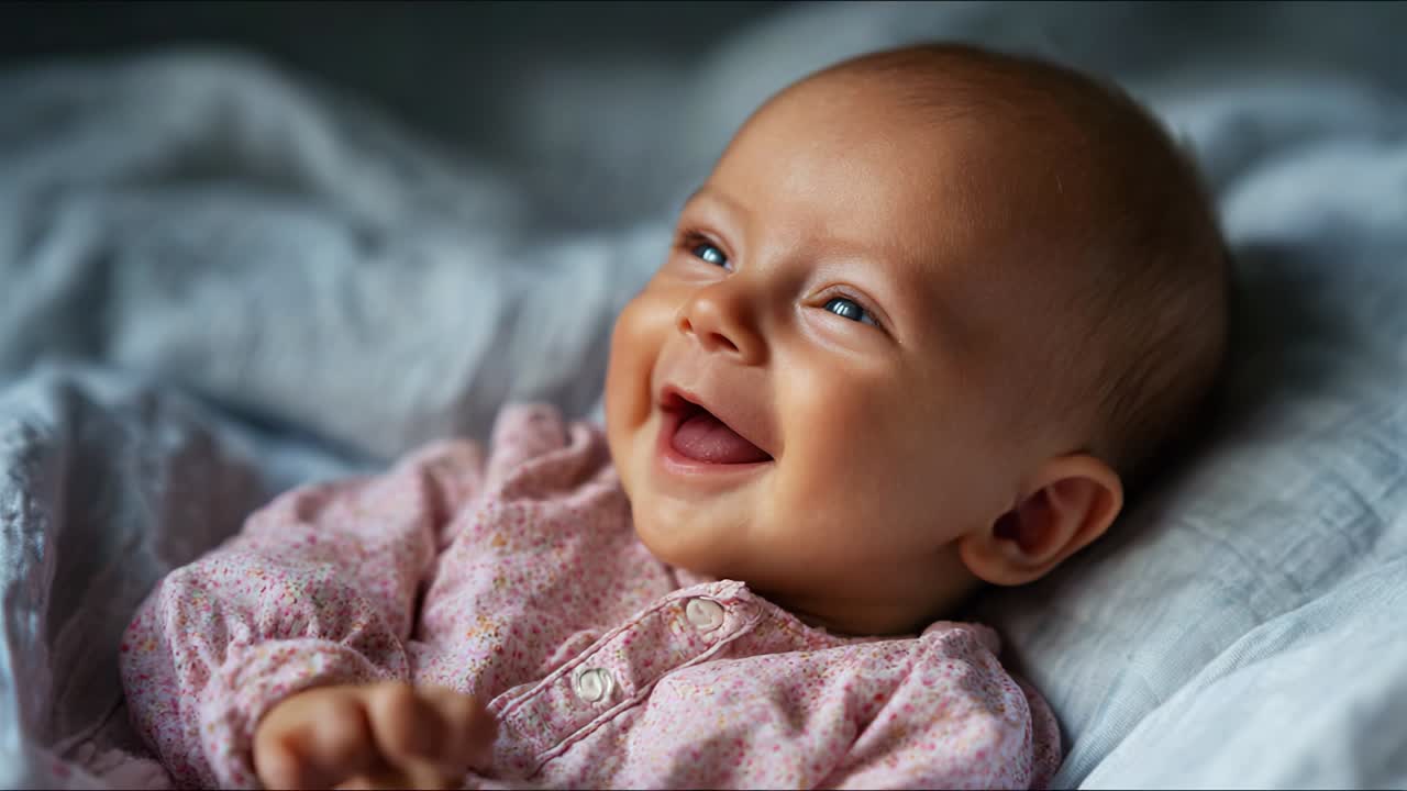 A Heartwarming Expression of Joy in Infancy: Captivating Smiles from a Cherubic Baby in a Cozy Setting, Radiating Happiness and Innocence in Every Frame of Their Beautiful Laughter