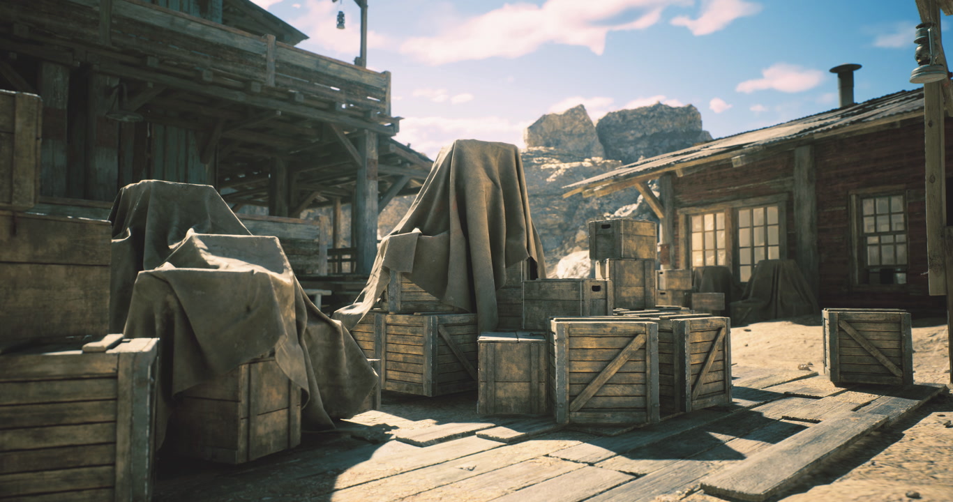 Rustic settlement with wooden crates under draped covers in bright sunlight