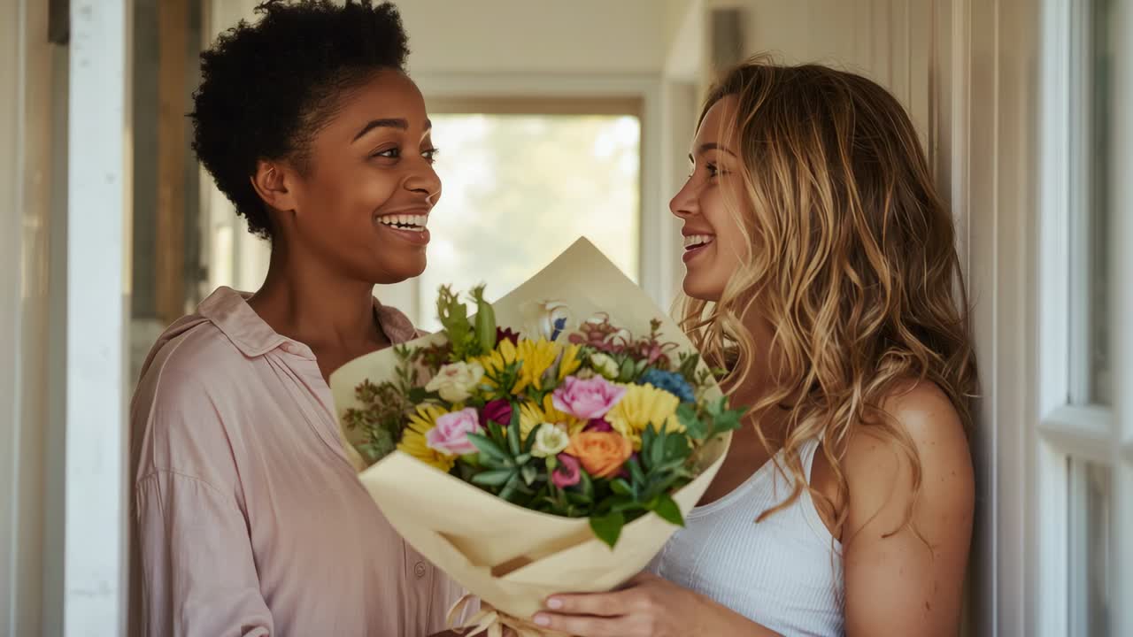 Presenting blonde holding bouquet at entryway, partner in pink shirt accepting as romantic gesture