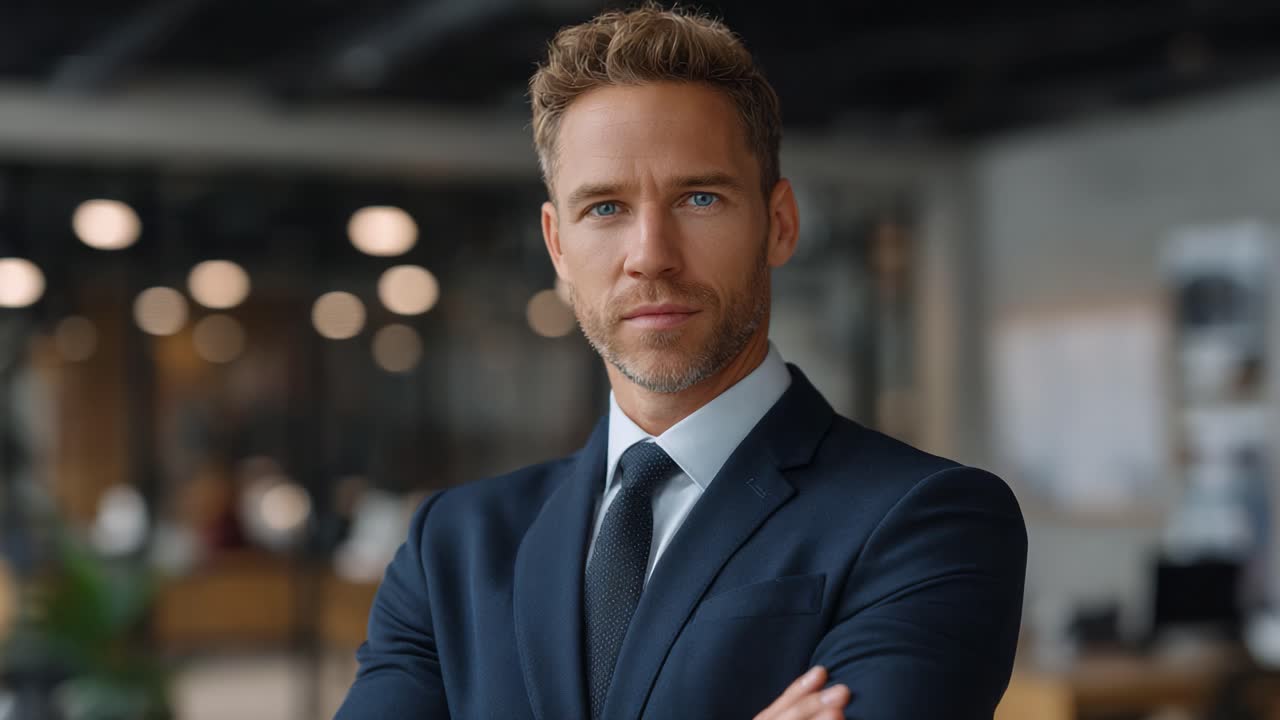 Confident businessman in professional attire poses with arms crossed, exuding authority and determination in a modern office setting, inviting trust and respect