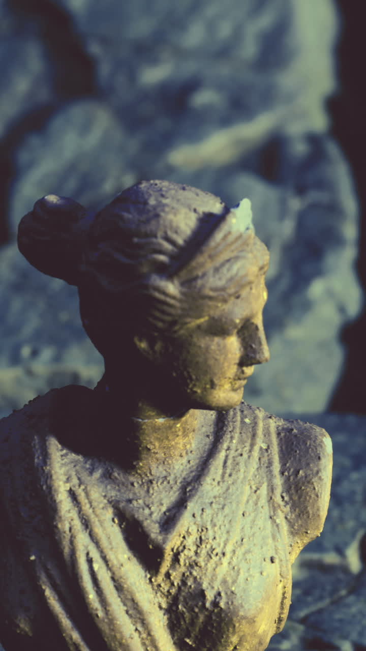 Statua di una donna con acconciatura a chignon in un ambiente esterno vicino a delle rocce
