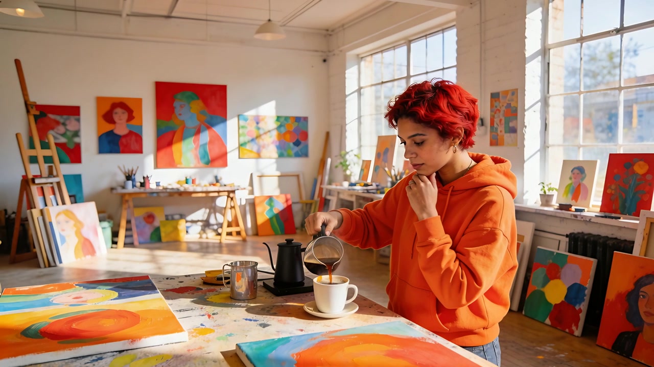 Artista in felpa con cappuccio che allunga la mano verso la caraffa, versando caffè al tavolo, in pausa prima di dipingere, spazio per la copia.
