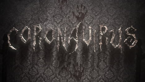 animated closeup text coronavirus and mystical horror background with dark hall of room