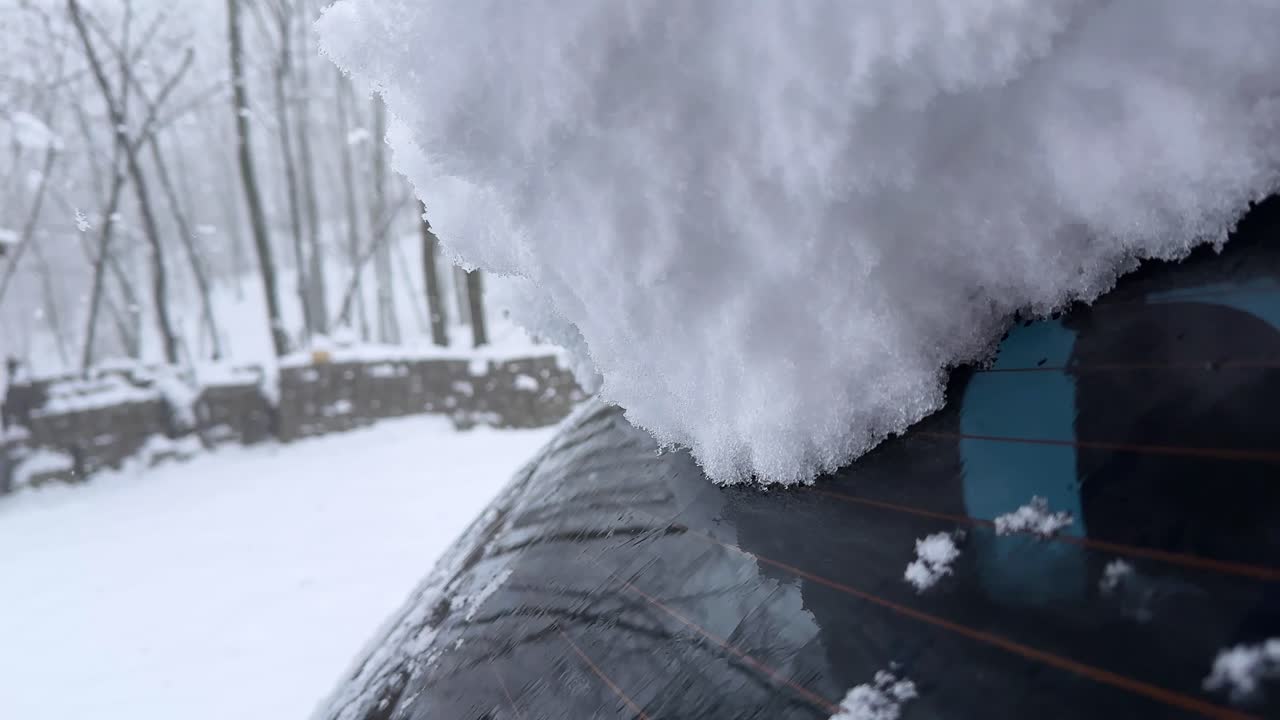 Heavy snow accumulated on car vehicle in snowfall in winter forest landscape of urban city Tehran car buried in frost icy street bad weather vehicle transportation scene countryside storm outdoors