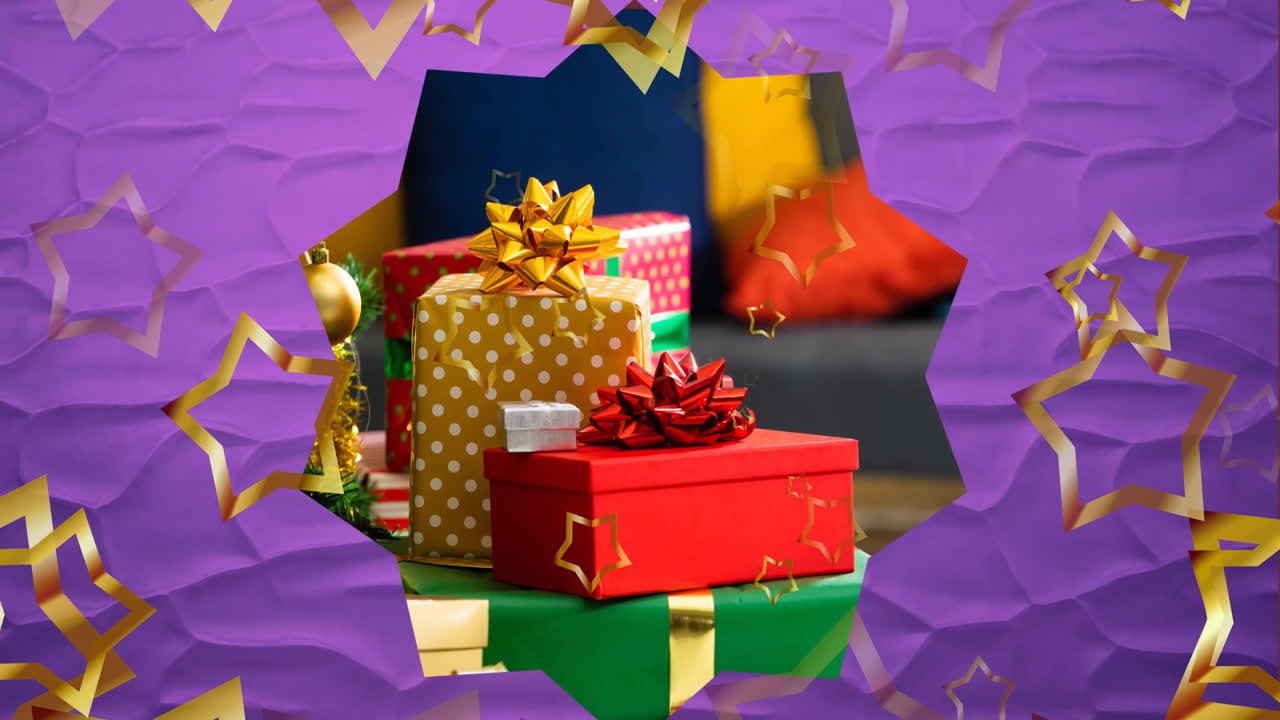 Animation of stars floating over christmas presents