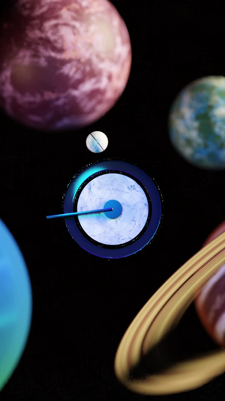 3D animation loop of dynamic lever hitting ball against space solar system