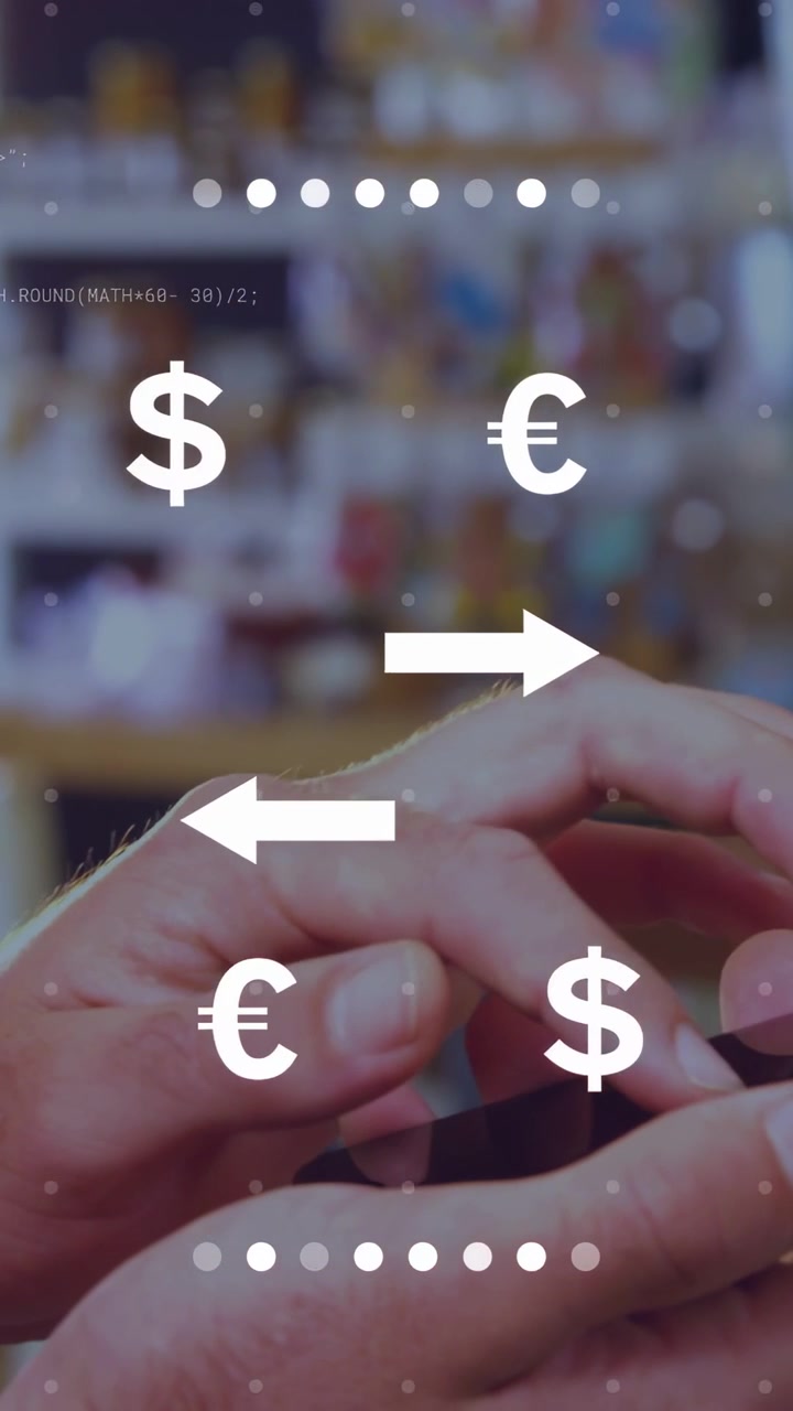 Video verticale: Mani adulte che toccano un telefono, frecce e simboli € $ che si muovono per mostrare un trasferimento di pagamento