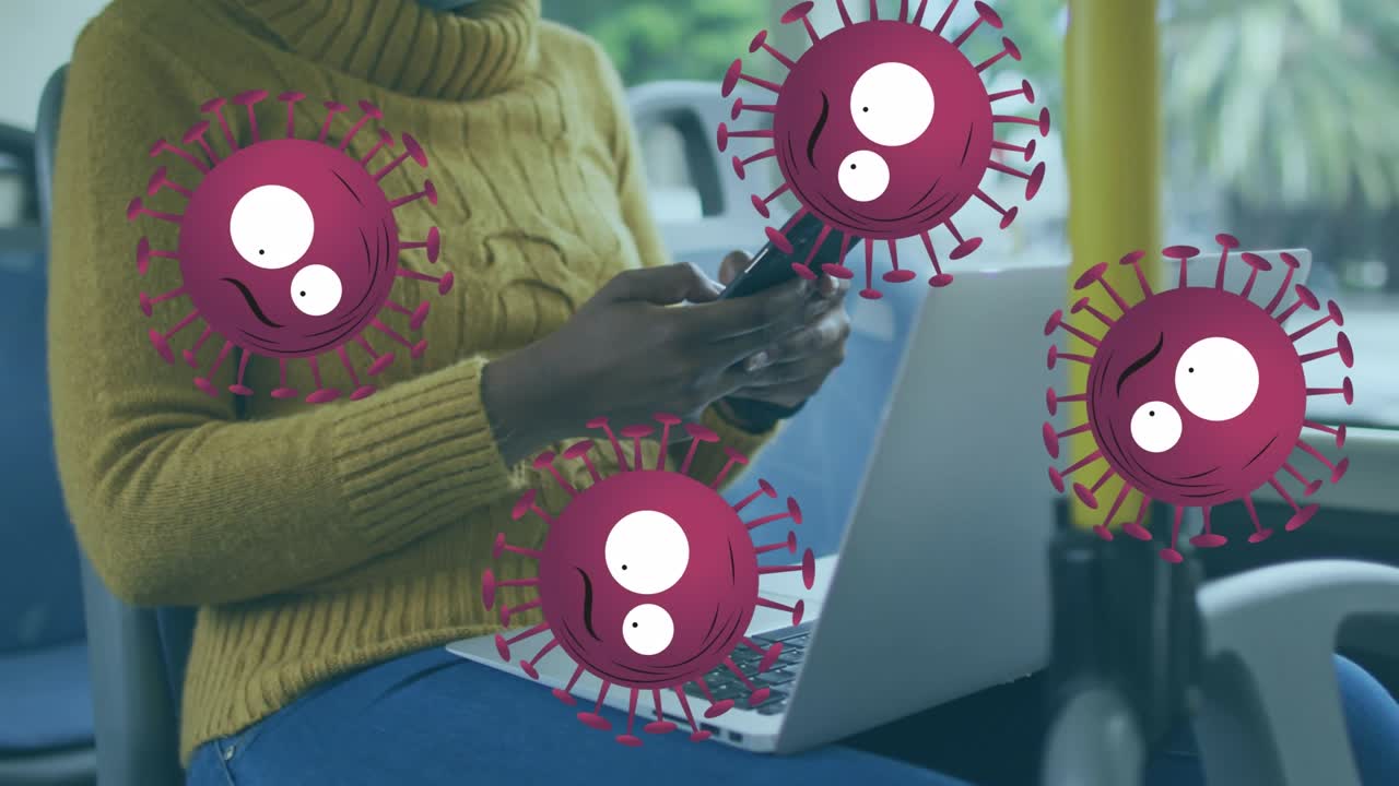 Animation of network of connections with icons over woman using smartphone