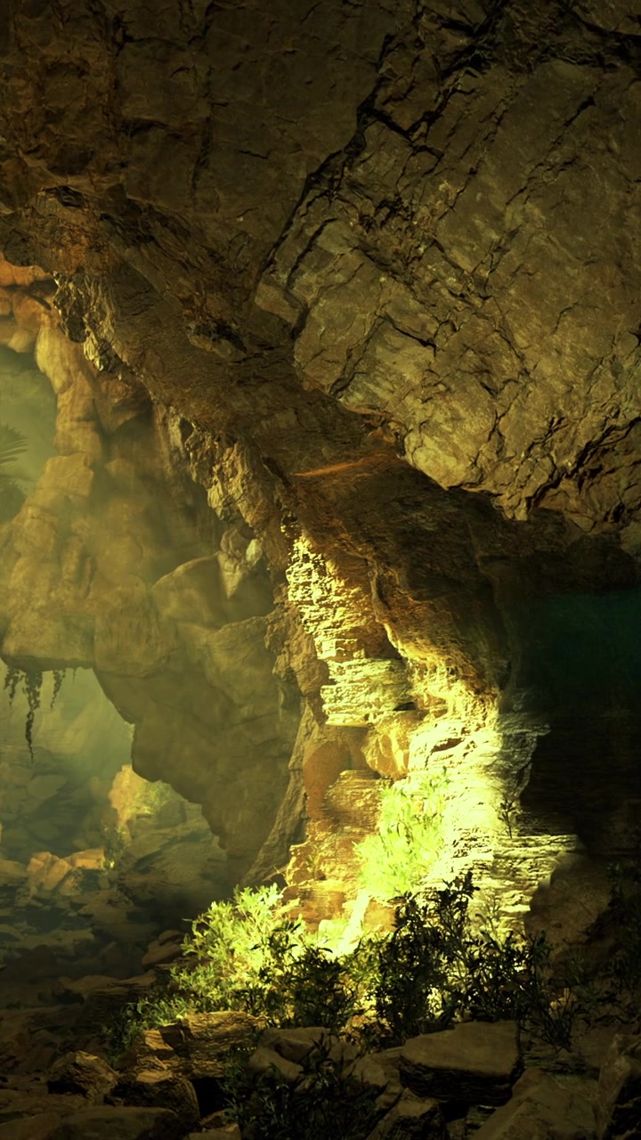 Esplorazione di una grotta con luce che illumina pareti rocciose e piante.
