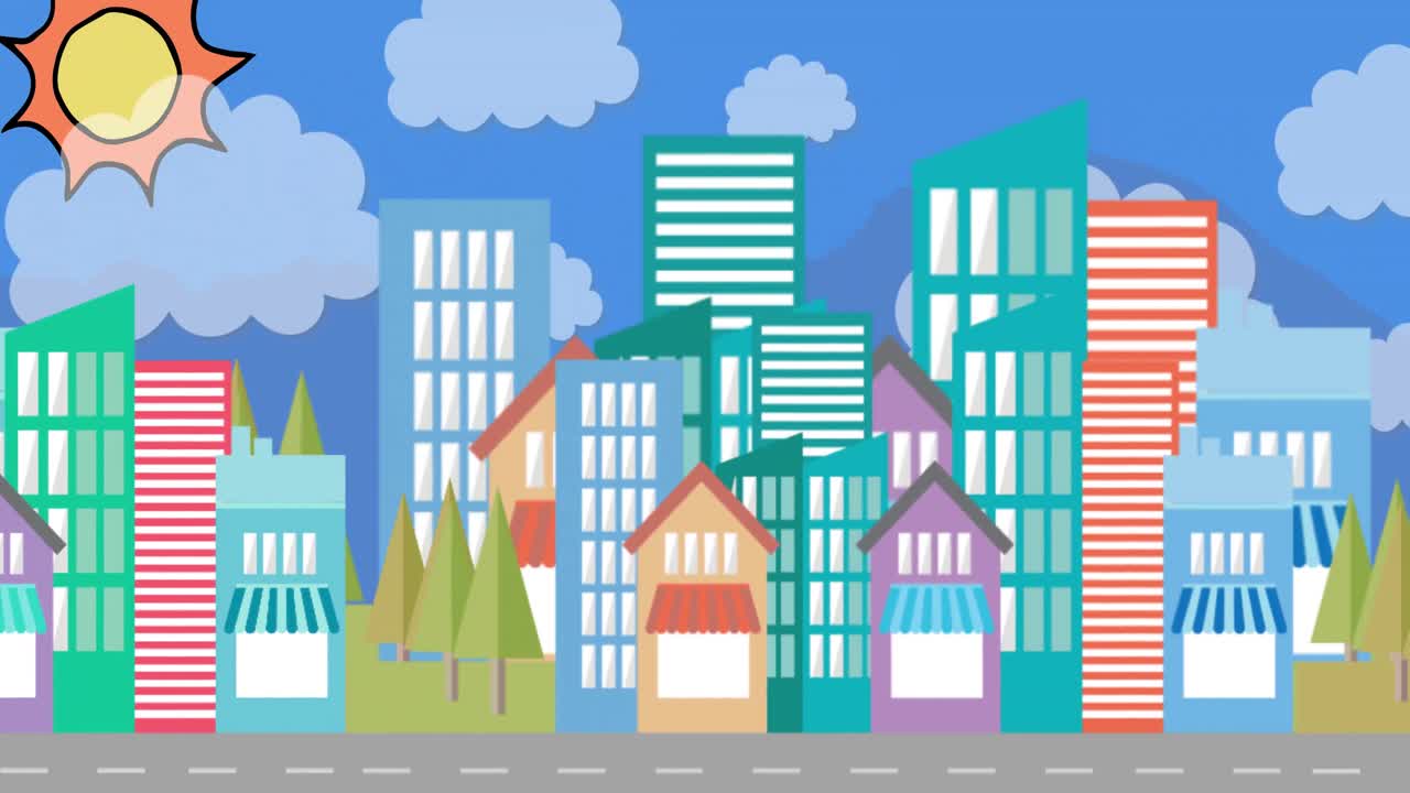 paisaje urbano moviéndose contra el sol y el cielo en el fondo