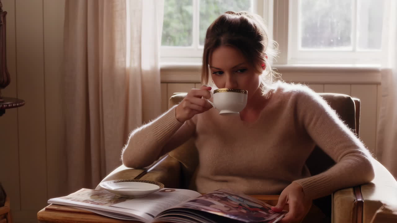 Woman Relaxing with Tea and Magazine