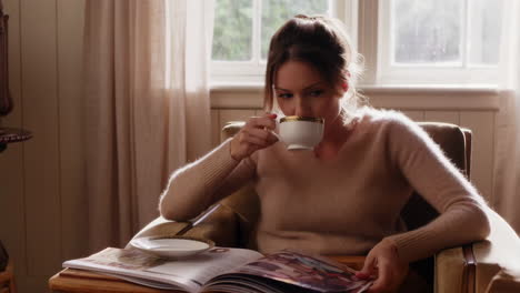 woman relaxing with tea and magazine