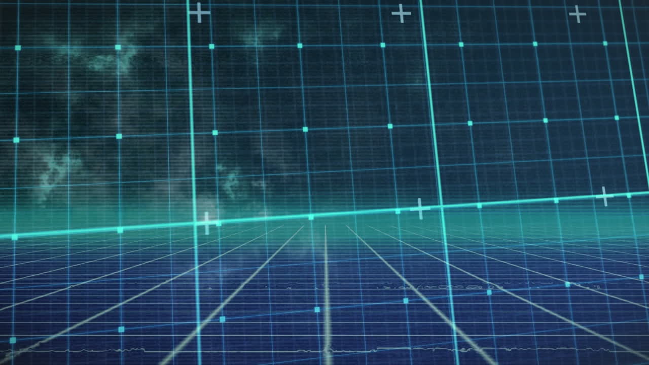 파란색 배경에 움직이는 녹색 그리드 네트워크의 애니메이션